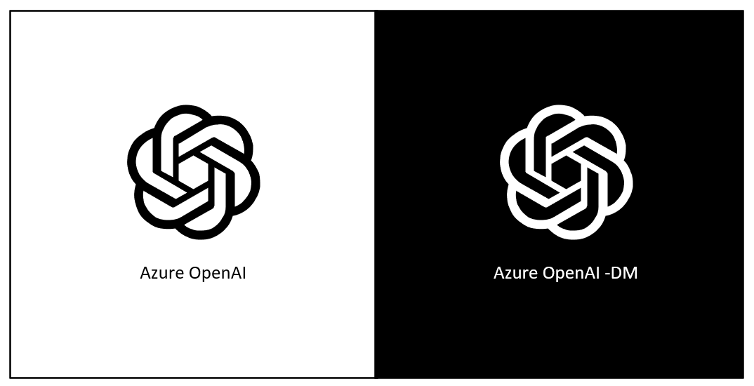 Near-black Azure logos beside their white -DM twins on a dark canvas