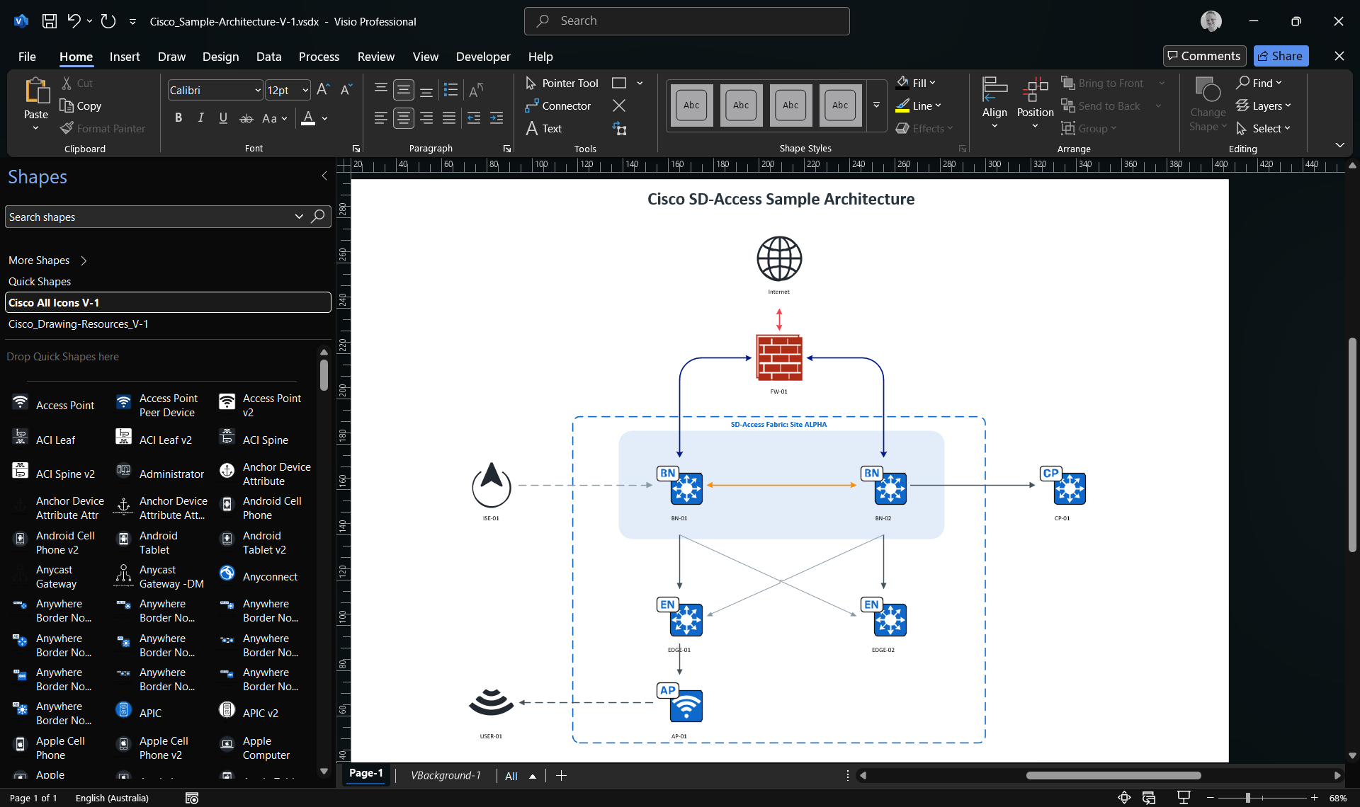 A sample SD-Access architecture built with Visio-Cisco, open in Microsoft Visio