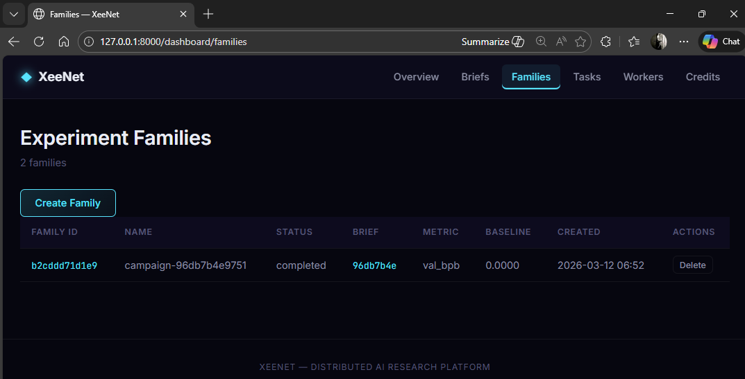 Experiment families list showing campaign status