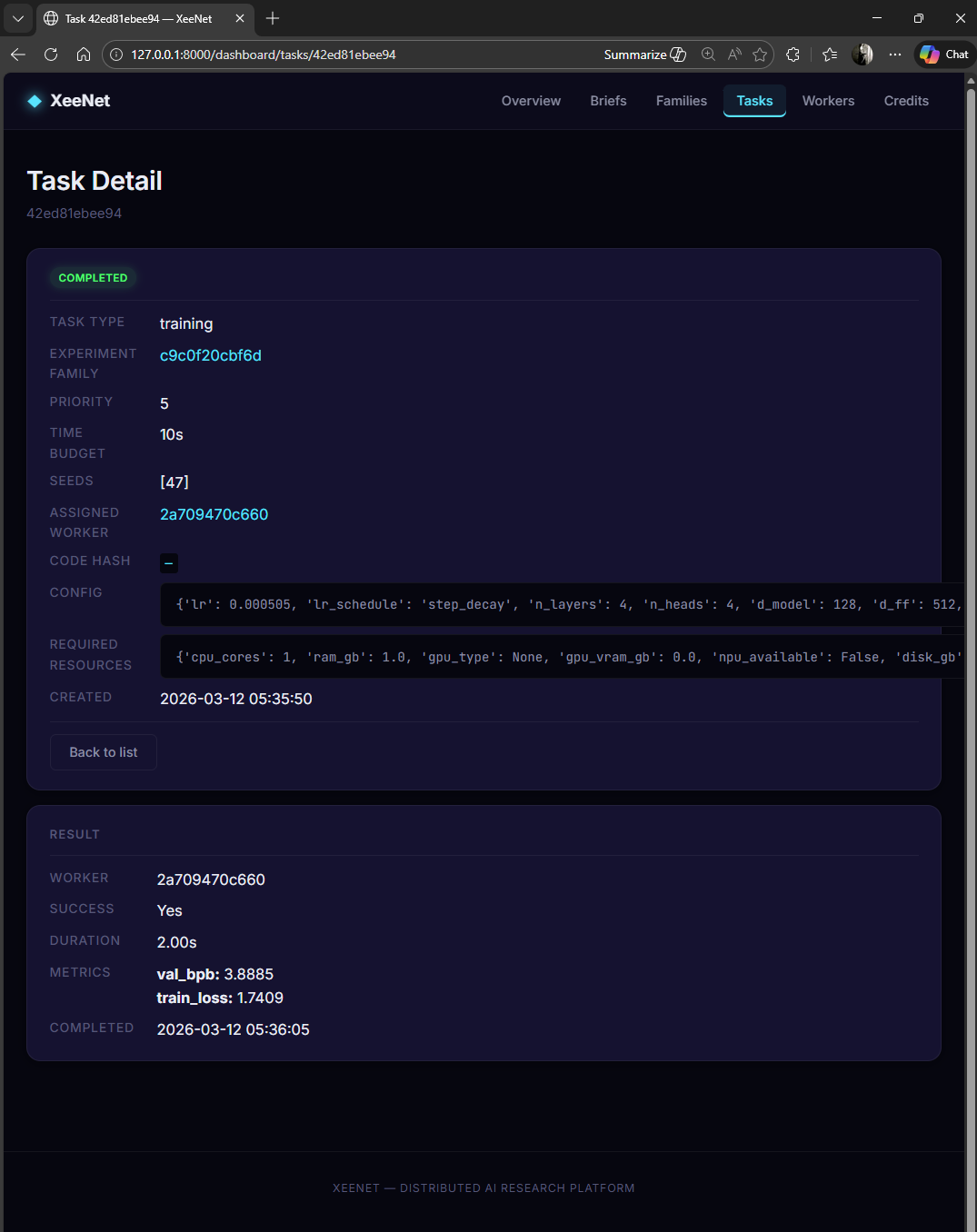 Task detail showing completed training run with real val_bpb metric and hyperparameter config