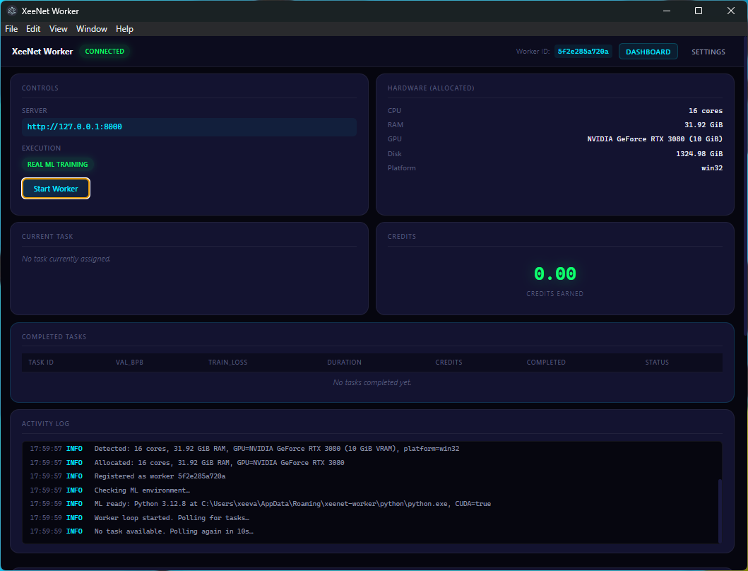 XeeNet Worker connected and ready, showing Real ML Training badge, hardware detection, and activity log