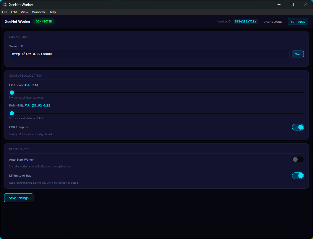 XeeNet Worker settings panel with CPU cores, RAM, and GPU allocation controls