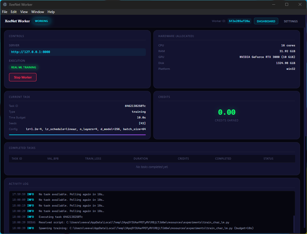XeeNet Worker actively running a training task, showing task details and hyperparameter config
